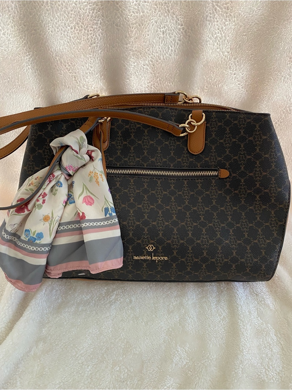 Classic Nanette Lepore Monogram Patterned Shoulder Bag w/ Scarf & Gold Accents